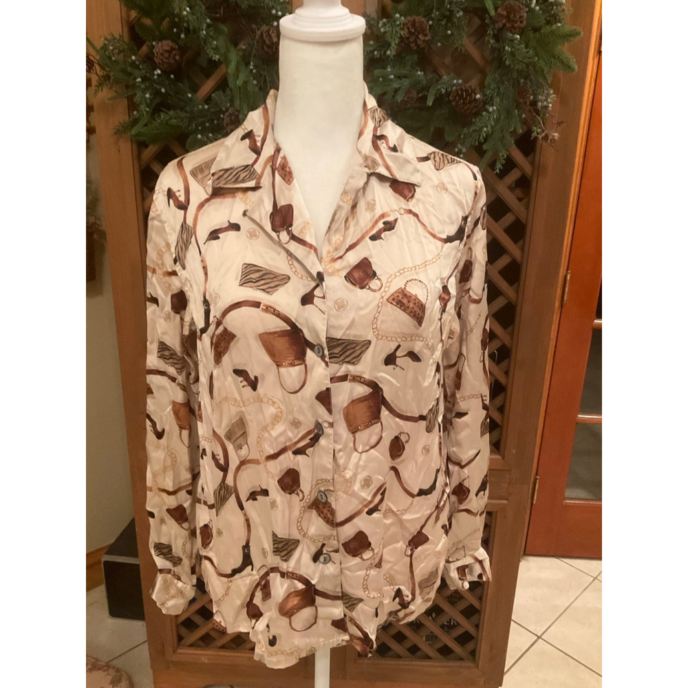 Vintage City Silk Petite Novelty Print Silk Blouse Handbag Belt Shoe Button Down
